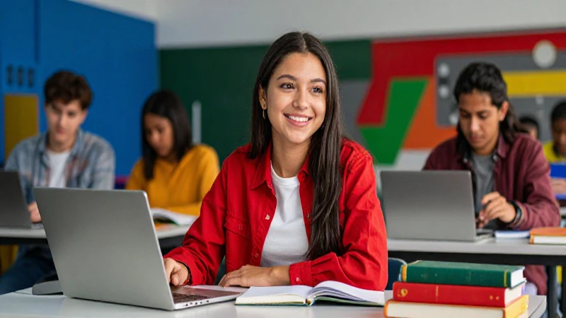 Estudiante mexicano feliz en universidad moderna