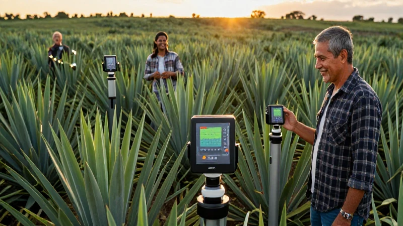 Campos de agave vibrantes con agricultores sonrientes y tecnología avanzada