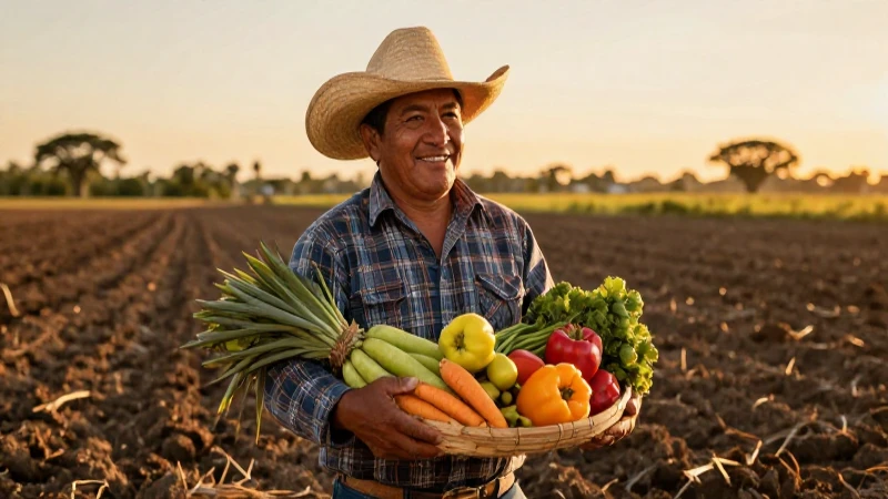 Agricultor mexicano sonríe con cosecha próspera