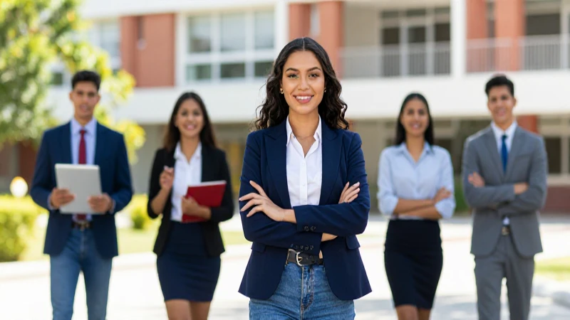 Jóvenes profesionales mexicanos en campus vibrante