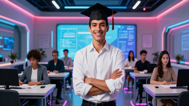 Joven graduado mexicano en moderna aula tecnológica