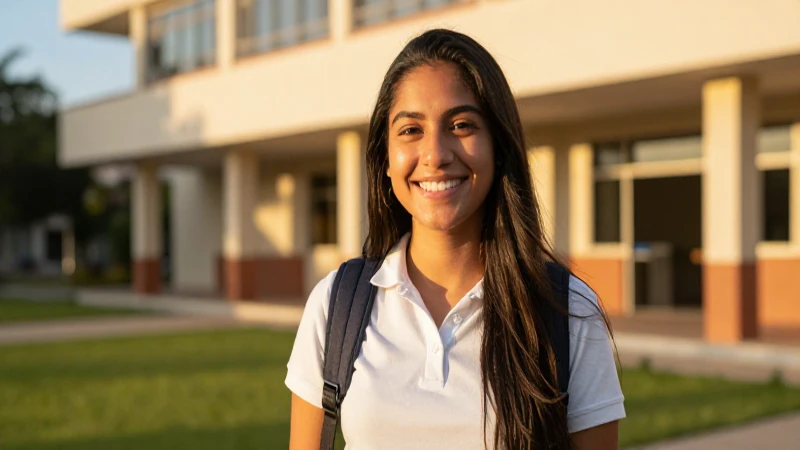 Estudiante mexicana sonriente en campus moderno