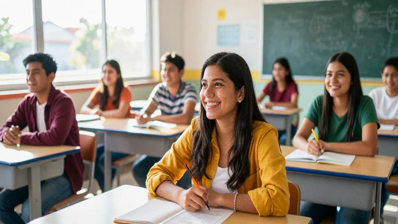 Estudiantes mexicanos alegres en un aula moderna y luminosa
