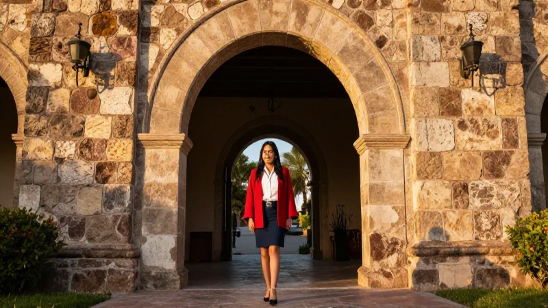 Estudiante mexicano en archway antiguo con luz dorada