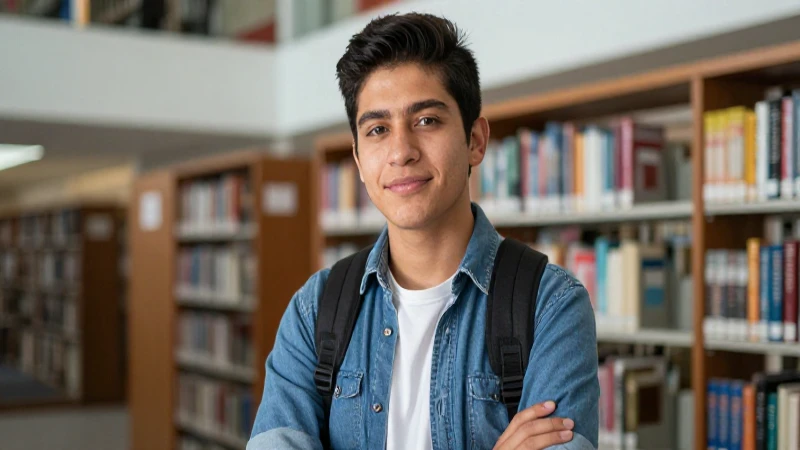Joven mexicano enfocado en biblioteca moderna