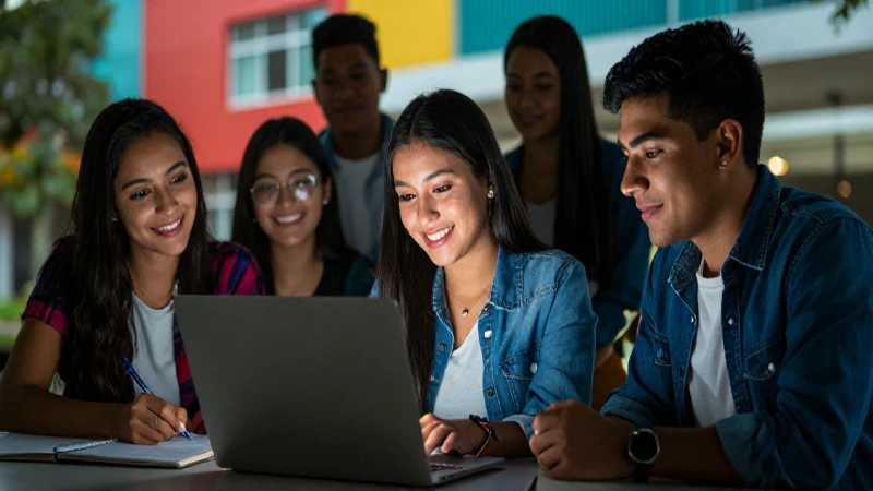 Estudiantes sonrientes estudian en campus vibrante
