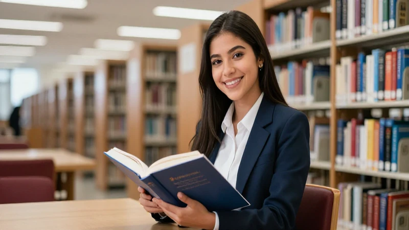 Estudiante mexicana atractiva sonríe en biblioteca moderna