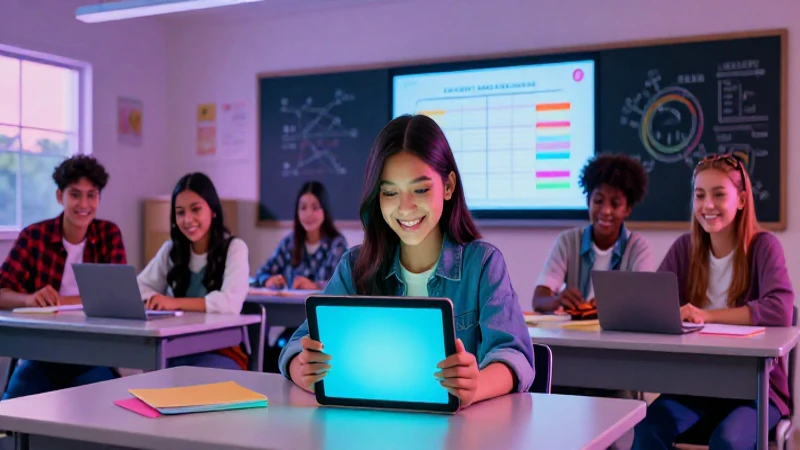 Estudiantes mexicanos sonriendo en aula moderna digital