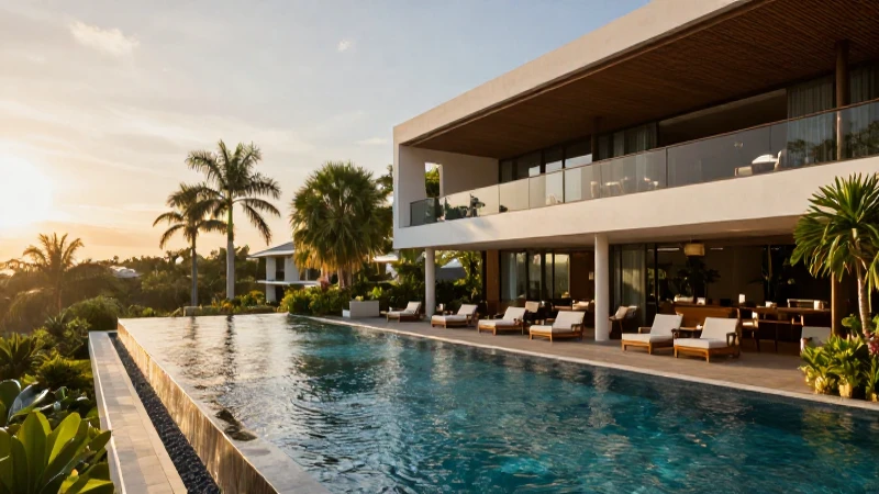 Resort lujoso y moderno con piscina infinita y atardecer