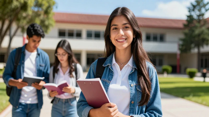 Joven mexicana estudia en campus universitario vibrante