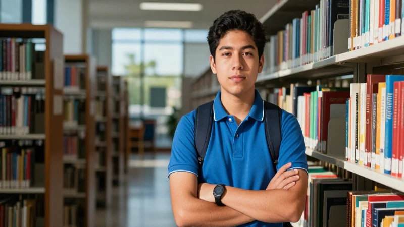 Estudiante mexicano confiado en biblioteca moderna