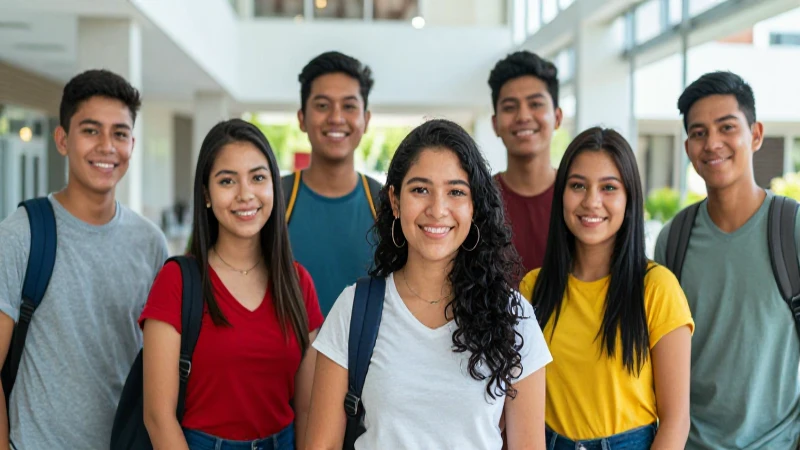 Jóvenes mexicanos sonriendo en moderno campus