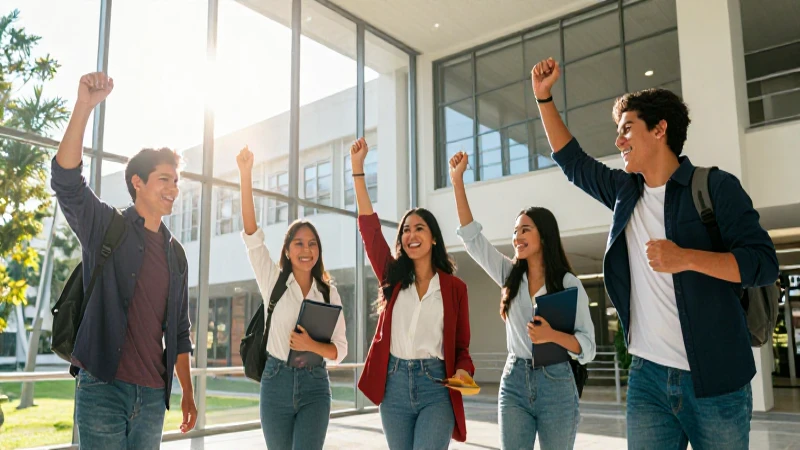 Estudiantes mexicanos celebrando en un campus moderno