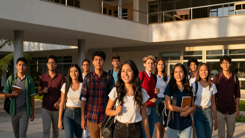 Estudiantes mexicanos celebrando éxito en campus moderno