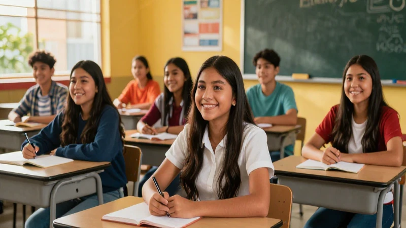 Estudiantes mexicanos sonrientes en clase dorada
