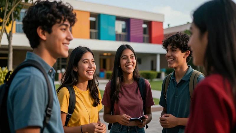 Estudiantes mexicanos colaboran en un campus universitario vibrante