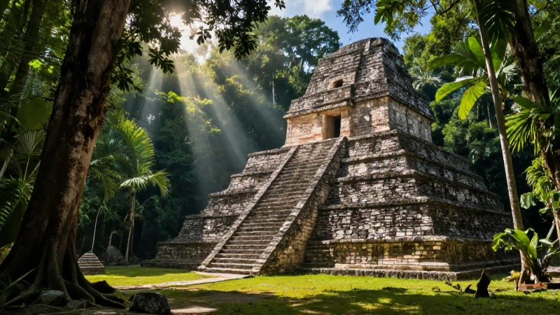 Ruinas mayas bajo una luz densa