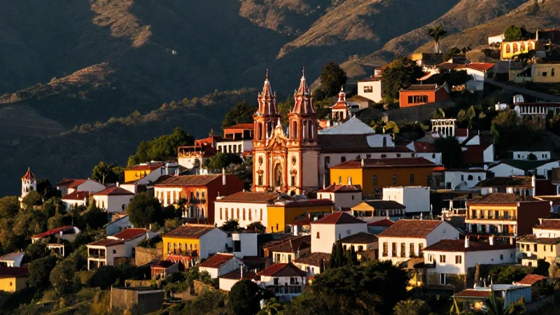Pueblo mexicano colonial bajo luz dorada