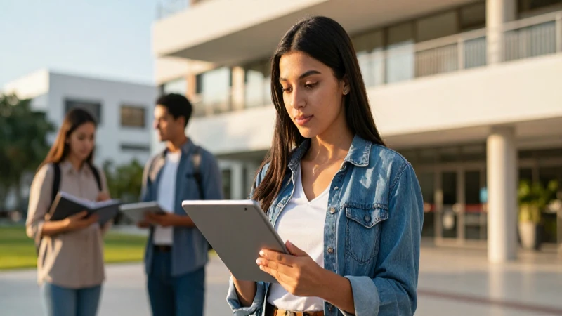 Estudiante mexicano profesional con tablet en campus moderno