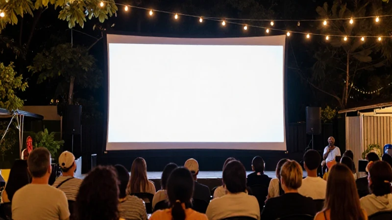 Cine al aire libre con mucha gente y luces