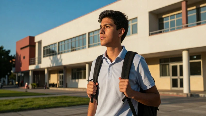 Estudiante mexicano en campus vibrante bajo luz dorada