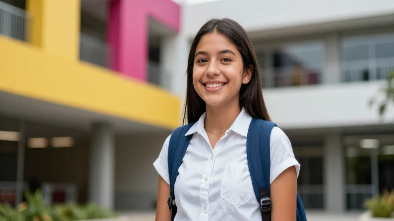 Joven mexicana optimista en campus moderno