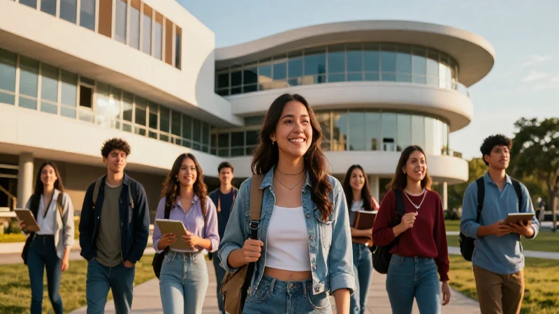 Estudiantes mexicanos modernos en un campus futurista