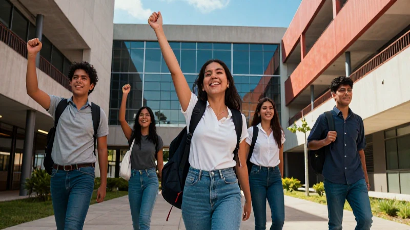 Estudiantes mexicanos celebrando el éxito en una moderna universidad