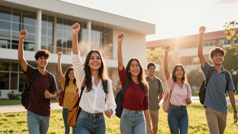 Estudiantes mexicanos celebrando éxito académico brillante