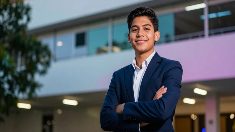 Estudiante mexicano confiado en campus moderno