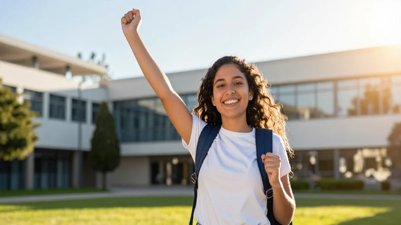 Joven estudiante sonríe con triunfo universitario