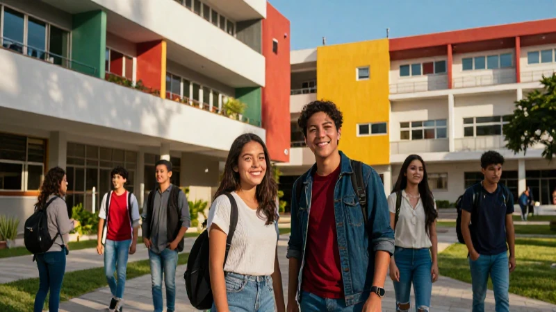 Estudiante sonriente en campus mexicano moderno