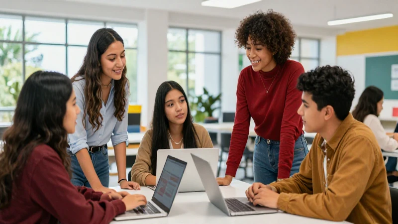 Estudiantes mexicanos colaboran en campus futurista vibrante