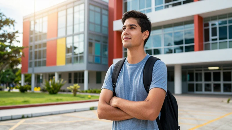 Estudiante latino seguro en campus universitario moderno