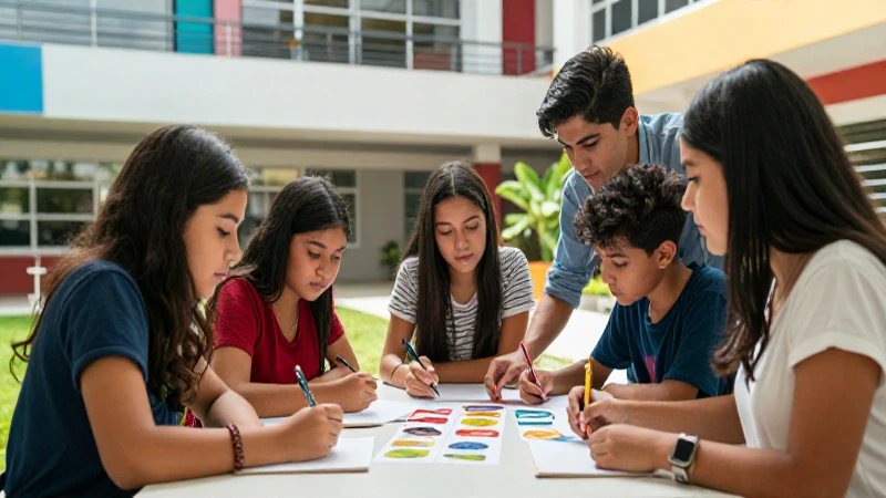 Jóvenes mexicanos creativos en campus moderno y vibrante