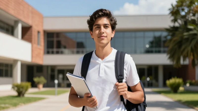 Estudiante mexicano determinado en campus moderno