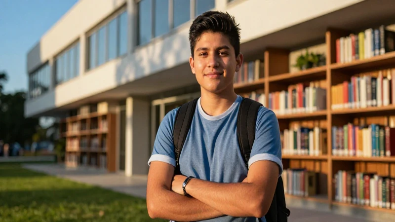 Estudiante mexicano confiado en biblioteca moderna