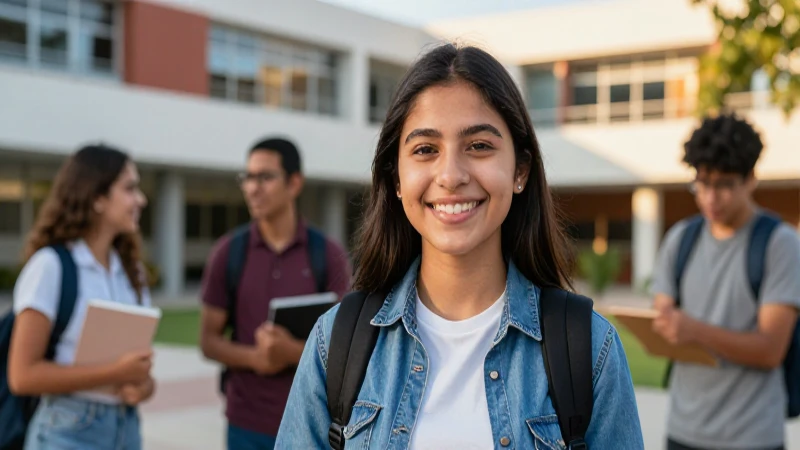 Joven sonriente en campus, estilo cinematográfico