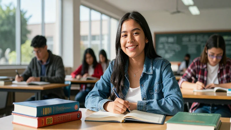 Estudiante sonriente en campus moderno con luz