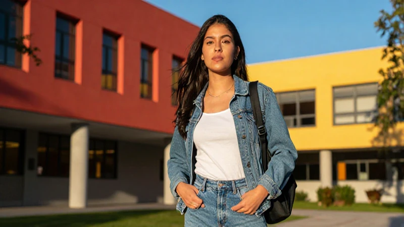 Estudiante mexicano seguro en campus vibrante al atardecer
