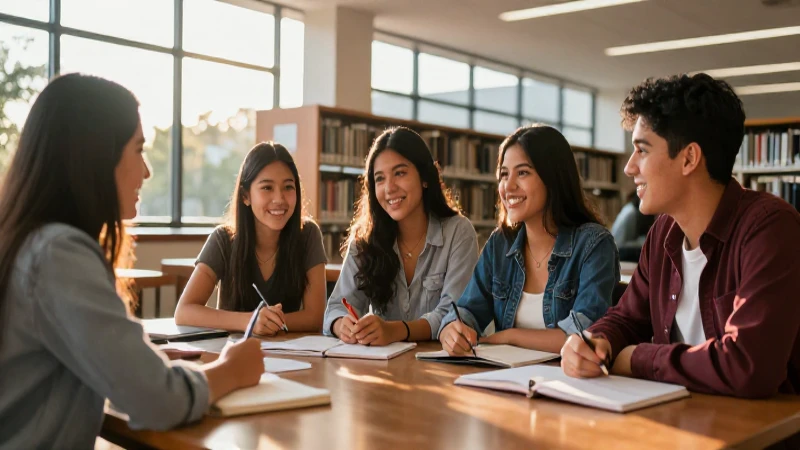 Estudiantes mexicanos colaborando en la biblioteca