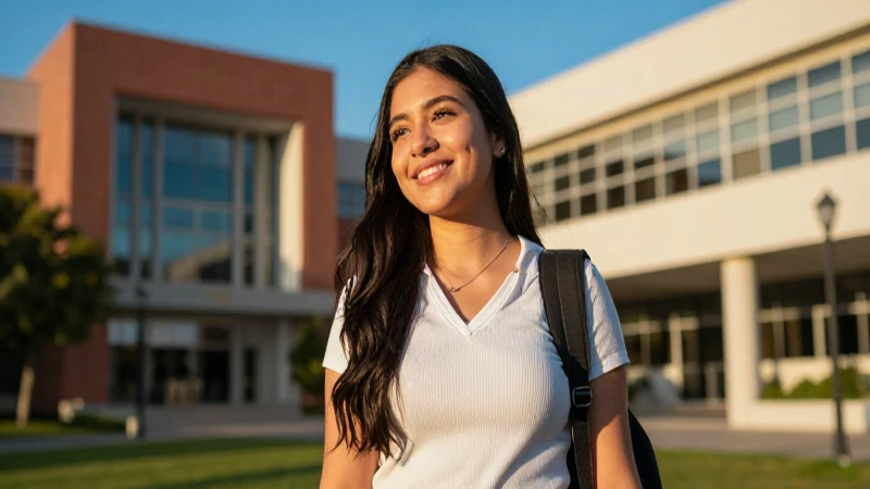 Estudiante mexicano sonriendo en universidad moderna