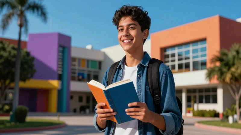 Estudiante mexicano sonríe en campus vibrante