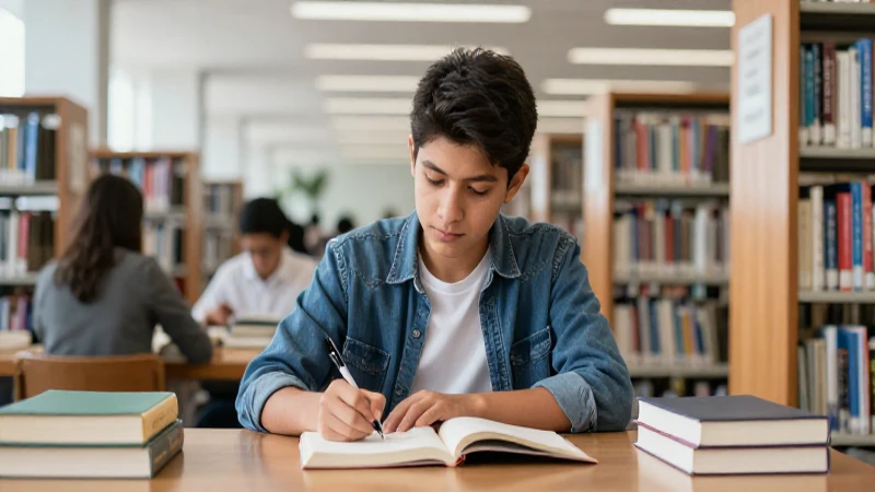 Estudiante mexicano en biblioteca de estudio