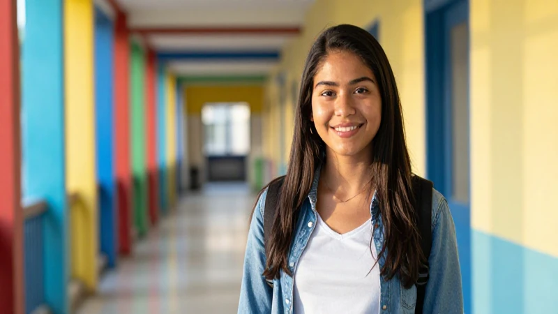Joven mexicana sonriente en pasillo escolar