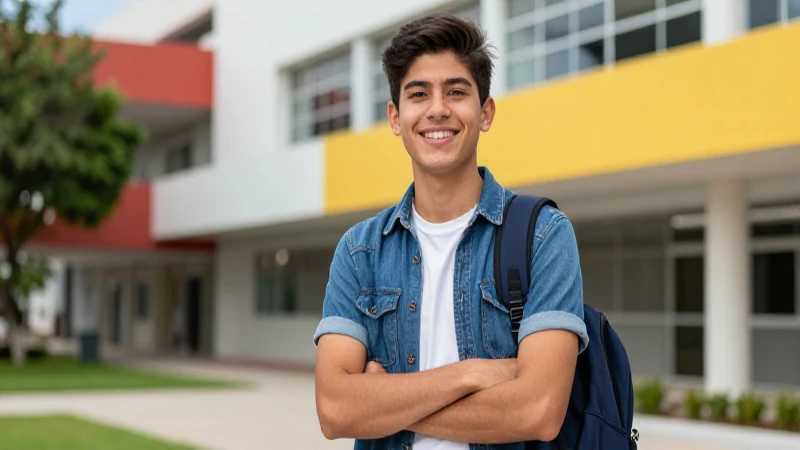 Joven mexicano confiado en campus vibrante
