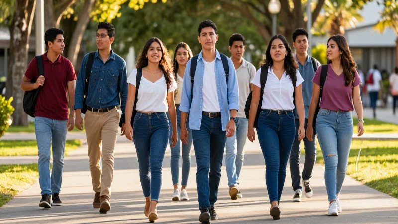 Estudiantes mexicanos ambiciosos caminan por un campus soleado