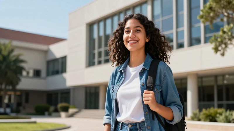 Estudiante mexicano sonríe en el campus universitario moderno