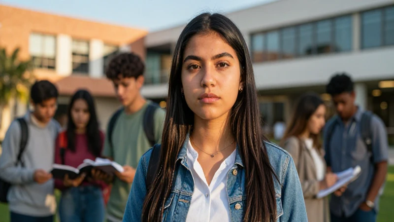 Estudiante mexicano con mirada decidida en un campus moderno