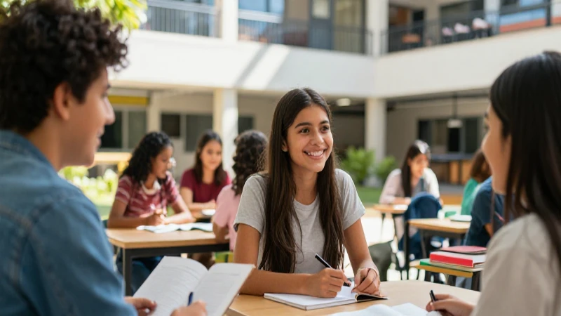 Estudiantes mexicanos alegres en campus moderno soleado